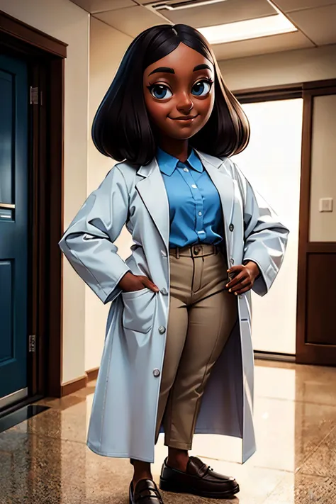 priyanka,woman,dark skin, long brown hair, grey streaked hair, black eyes, labcoat, blue collared shirt, khakis, loafers, looking at viewer, smiling, full body shot
standing, inside a hospital, bright lighting, extreme detail, masterpiece <lora:priyanka:.7>