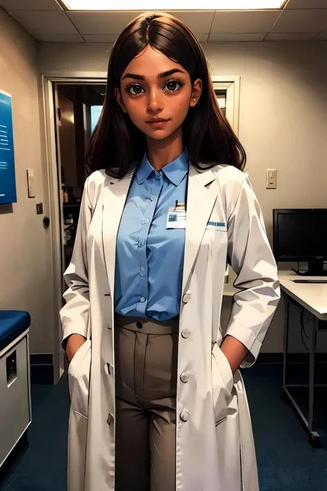 priyanka,woman,dark skin, long brown hair, grey streaked hair, black eyes, labcoat, blue collared shirt, khakis, looking at viewer, serious, smiling, medium shot, standing, inside a doctors room, bright lighting, extreme detail, masterpiece <lora:priyanka:.8>