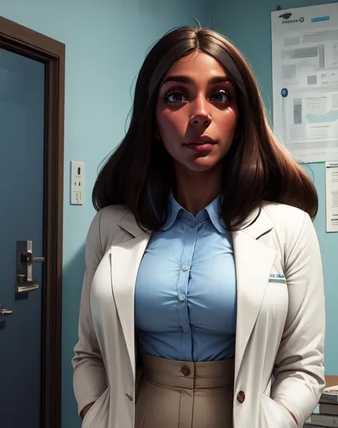 priyanka,brown hair,grey streaked hair,black eyes,long hair,half-open eyes,
labcoat,blue collared shirt,khakis,
standing,upper body,(grin:0.7),
hospital,indoors,
(insanely detailed, beautiful detailed face, masterpiece, best quality),solo,
<lora:priyanka:0.7>,