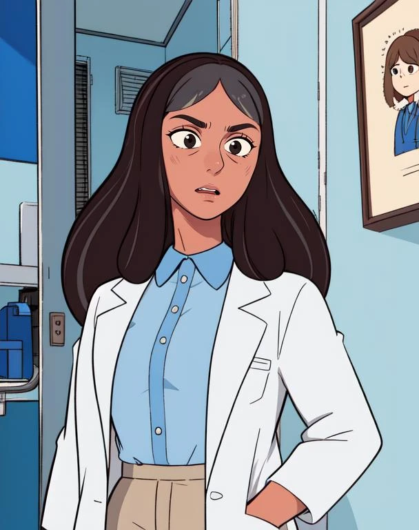 priyanka, brown hair, grey streaked hair, black eyes, long hair, half-open eyes,
labcoat, blue collared shirt, khakis,
standing, upper body, cowboy shot,
hospital, indoors,
(insanely detailed, beautiful detailed face, masterpiece, best quality), solo,
<lora:priyanka:0.7>