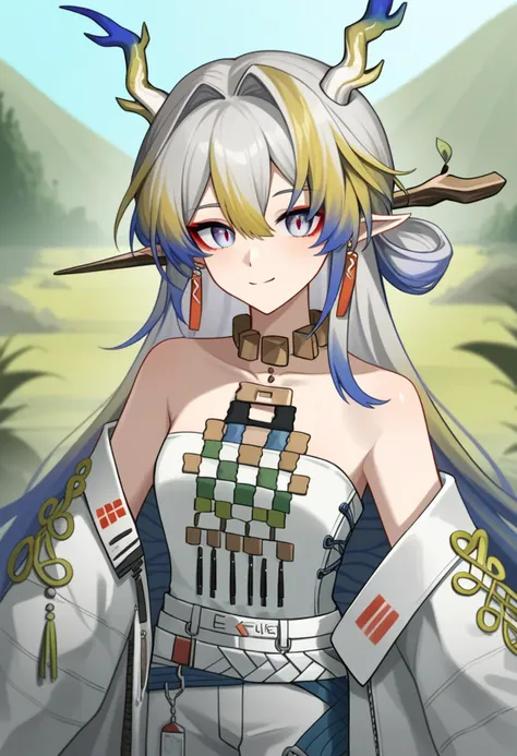 score_9,score_8_up,score_7_up,<lora:earknights_all:1>,girl, shu_\(arknights\), pointy_ears, dragon_horns, dragon_girl, bare_shoulders, blonde_hair, off_shoulder, grey_hair, blue_hair, white_jacket, hair_between_eyes, long_sleeves, necklace, hair_intakes