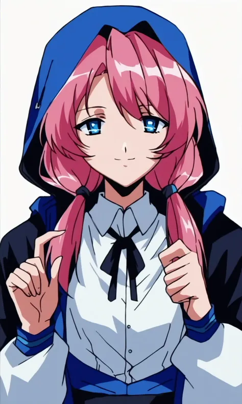 (score_9,score_8_up,score_7_up),source_anime,1990s anime,
,1girl,black_ribbon,blue_eyes,blue_jacket,blue_poison_\(arknights\),closed_mouth,collared_shirt,commentary_request,hair_between_eyes,hand_up,highres,hood_up,hooded_jacket,long_hair,long_sleeves,looking_at_viewer,low_twintails,neck_ribbon,open_jacket,pink_hair,simple_background,smile,solo,upper_body,white_background,white_shirt,<lora:arknight_all_v2:0.8>