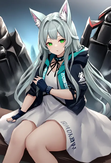 1girl, rosmontis_\(arknights\), cat_ears, green_eyes, long_hair, cat_girl, grey_hair, animal_ear_fluff, white_dress, fingerless_gloves, black_gloves, cat_tail, white_hair, <lora:arknight_all_v2:1>, <lora:artist_TK31_for_Pony:1>,