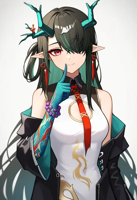 score_9,score_8_up,score_7_up,<lora:arknight_all_v2:1>,1girl,arm_tattoo,bad_id,bad_twitter_id,bead_bracelet,black_collar,black_hair,black_jacket,china_dress,cleavage_cutout,dragon_horns,dusk_\(arknights\),ear_piercing,finger_to_eye,green_hair,green_skin,grey_background,hair_over_one_eye,highres,long_hair,looking_at_viewer,off_shoulder,pointy_ears,red_eyes,red_necktie,sidelocks,simple_background,sleeveless_dress,small_breasts,smile,solo,streaked_hair,symbol-only_commentary,upper_body,white_dress,