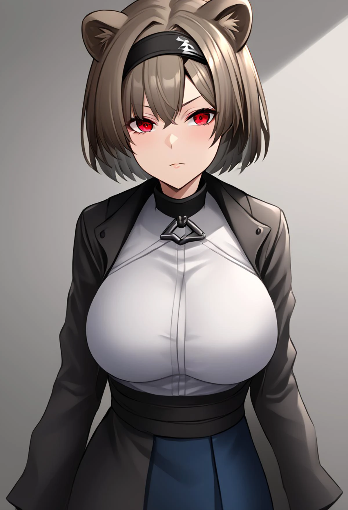 1girl, absinthe_\(arknights\), red_eyes, bear_ears, short_hair, grey_hair, long_sleeves, brown_hair, bear_girl, large_breasts, black_hairband, <lora:arknight_all_v2:1>, <lora:artist_TK31_for_Pony:1>,
