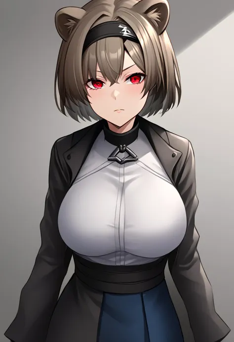 1girl, absinthe_\(arknights\), red_eyes, bear_ears, short_hair, grey_hair, long_sleeves, brown_hair, bear_girl, large_breasts, black_hairband, <lora:arknight_all_v2:1>, <lora:artist_TK31_for_Pony:1>,