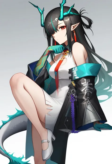 score_9,score_8_up,score_7_up,<lora:earknights_all:1>,1girl, dusk_\(arknights\), solo, from_side, black_hair, green_hair, large_breasts, earrings, highres, bare_legs, bare_shoulders, black_coat, closed_mouth, dragon_girl, dragon_horns, dragon_tail, feet_out_of_frame, gradient_background, invisible_chair, knee_up, looking_at_viewer, looking_to_the_side, off_shoulder, open_coat, pointy_ears, red_eyes, red_necktie, short_dress, simple_background, white_background, white_dress