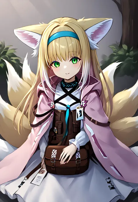 1girl, suzuran_\(arknights\), fox_ears, fox_girl, blonde_hair, fox_tail, green_eyes, animal_ear_fluff, white_hair, blue_hairband, kyuubi, long_hair, two-tone_hair, , <lora:arknight_all_v2:1>, <lora:artist_TK31_for_Pony:1>,