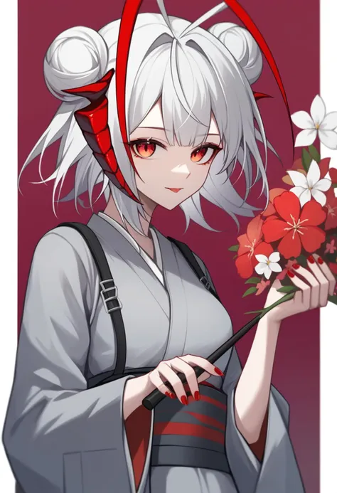 score_9,score_8_up,score_7_up,<lora:earknights_all:1>,1girl, w_\(arknights\), demon_horns, solo, upper_body, holding, antenna_hair, short_hair, white_hair, absurdres, highres, double_bun, grey_kimono, long_sleeves, looking_at_viewer, nail_polish, red_eyes, red_flower, red_nails, simple_background, white_dress, white_flower