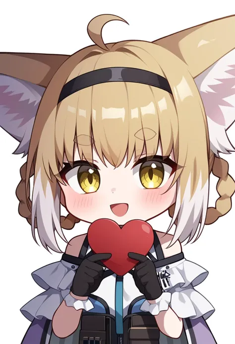 score_9,score_8_up,score_7_up,<lora:earknights_all:1>,1girl, suzuran_\(arknights\), fox_girl, solo, upper_body, holding_heart, blush, blonde_hair, braided_hair_rings, two-tone_hair, white_hair, ahoge, :d, ^_^, animal_ear_fluff, black_gloves, chibi, english_commentary, fox_ears, fox_tail, kitsune, short_eyebrows, simple_background, thank_you, thick_eyebrows, twin_braids, white_background