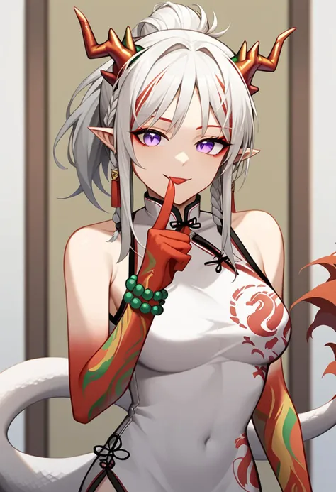 score_9,score_8_up,score_7_up,<lora:earknights_all:1>,nian_\(arknights\), girl, white_hair, pointy_ears, purple_eyes, streaked_hair, dragon_horns, long_hair, dragon_girl, dragon_tail, ` horns, bare_shoulders, china_dress, ponytail