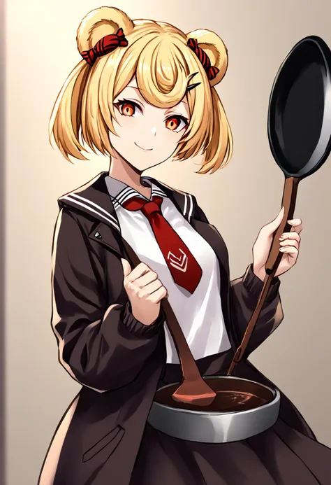 1girl, gummy_\(arknights\), blonde_hair, bear_ears, short_hair, candy_hair_ornament, hairclip, orange_eyes, red_eyes, black_jacket, holding_frying_pan, <lora:arknight_all_v2:1>, <lora:artist_TK31_for_Pony:1>,