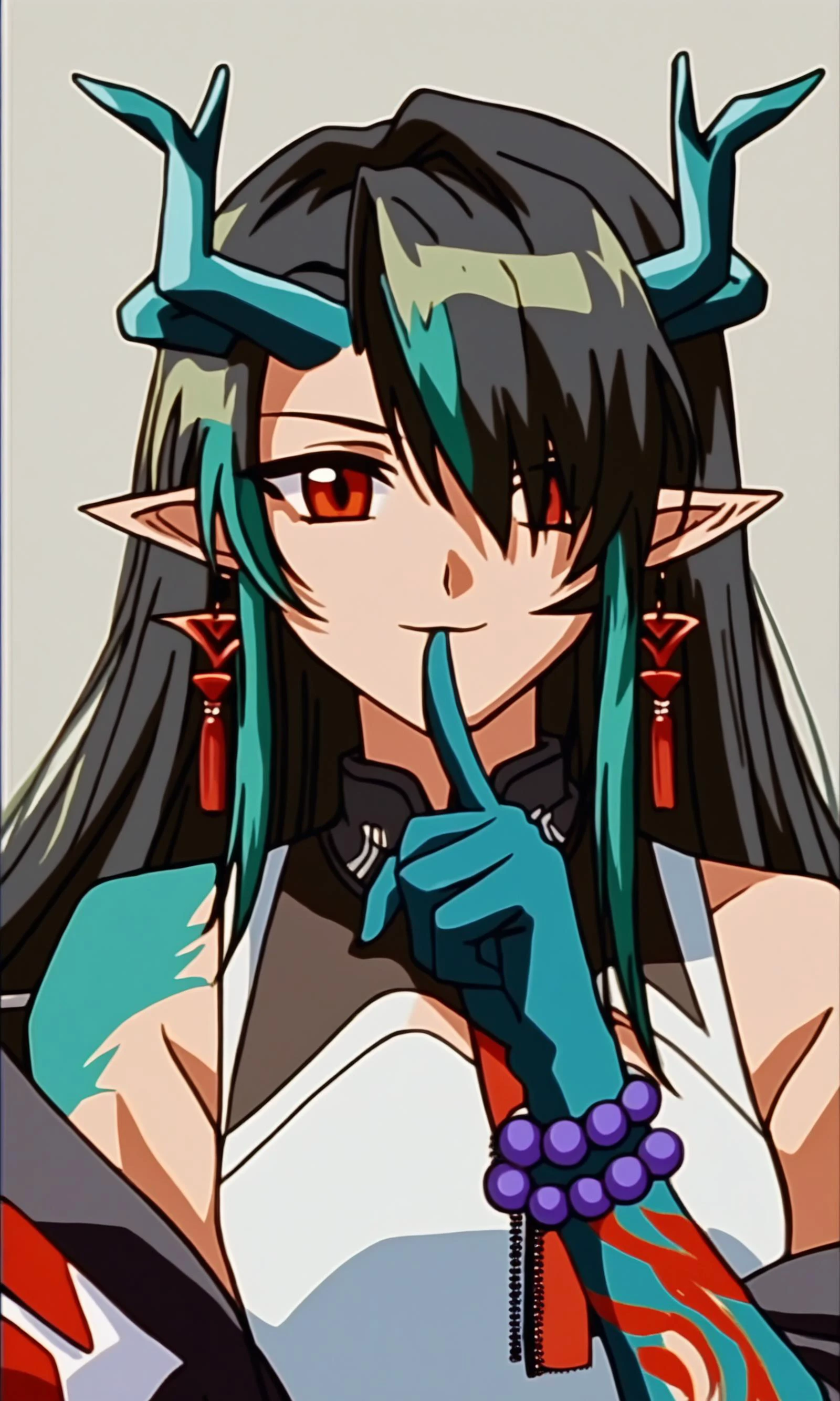 (score_9,score_8_up,score_7_up),source_anime,1990s anime,
,1girl,arm_tattoo,bad_id,bad_twitter_id,bead_bracelet,black_collar,black_hair,black_jacket,china_dress,cleavage_cutout,dragon_horns,dusk_\(arknights\),ear_piercing,finger_to_eye,green_hair,green_skin,grey_background,hair_over_one_eye,highres,long_hair,looking_at_viewer,off_shoulder,pointy_ears,red_eyes,red_necktie,sidelocks,simple_background,sleeveless_dress,small_breasts,smile,solo,streaked_hair,symbol-only_commentary,upper_body,white_dress,<lora:arknight_all_v2:0.9>