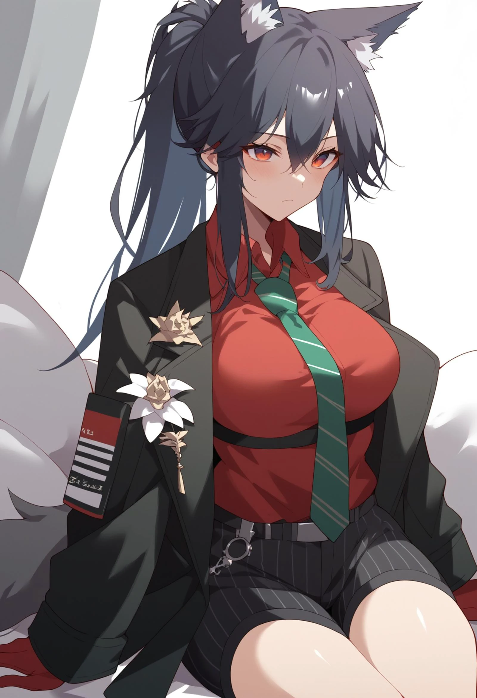 <lora:PONY-ç»-Konno Tohiro:1> ,score_9, score_8_up, score_7_up,source_anime,solo,1girl, <lora:PONY-人-ç²¥all:0.7>,texas_\(arknights\), texas_\(willpower\)_\(arknights\), black_hair, wolf_ears, official_alternate_costume, long_hair, red_gloves, ponytail, collared_shirt, long_sleeves, black_jacket, black_shorts, hair_between_eyes, wolf_girl, red_eyes,, uncensored,<lora:add-detail-xl:1>,<lora:Expressive_H-000001:0.8>