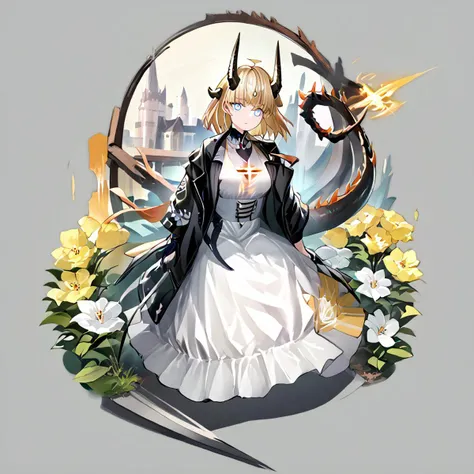 1girl, reed_\(arknights\), reed_the_flame_shadow_\(arknights\), blonde_hair, dragon_horns, white_dress, dragon_girl, long_hair, white_flower, blue_eyes, dragon_tail, light_in_heart, ahoge, hair_flower, black_jacket, grey background, <lora:GachaAzurLaneXLP6lokrV4236T3:1>, <lora:arknight_all_v2:1>, <lora:artist_TK31_for_Pony:1>,