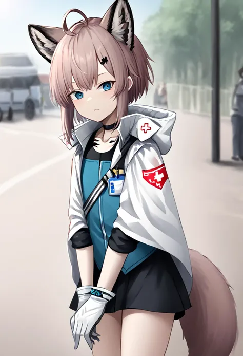 1girl, sussurro_\(arknights\), blue_eyes, fox_ears, ahoge, fox_girl, fox_tail, material_growth, short_hair, brown_hair, white_gloves, animal_ear_fluff, black_choker, <lora:arknight_all_v2:1>, <lora:artist_TK31_for_Pony:1>,