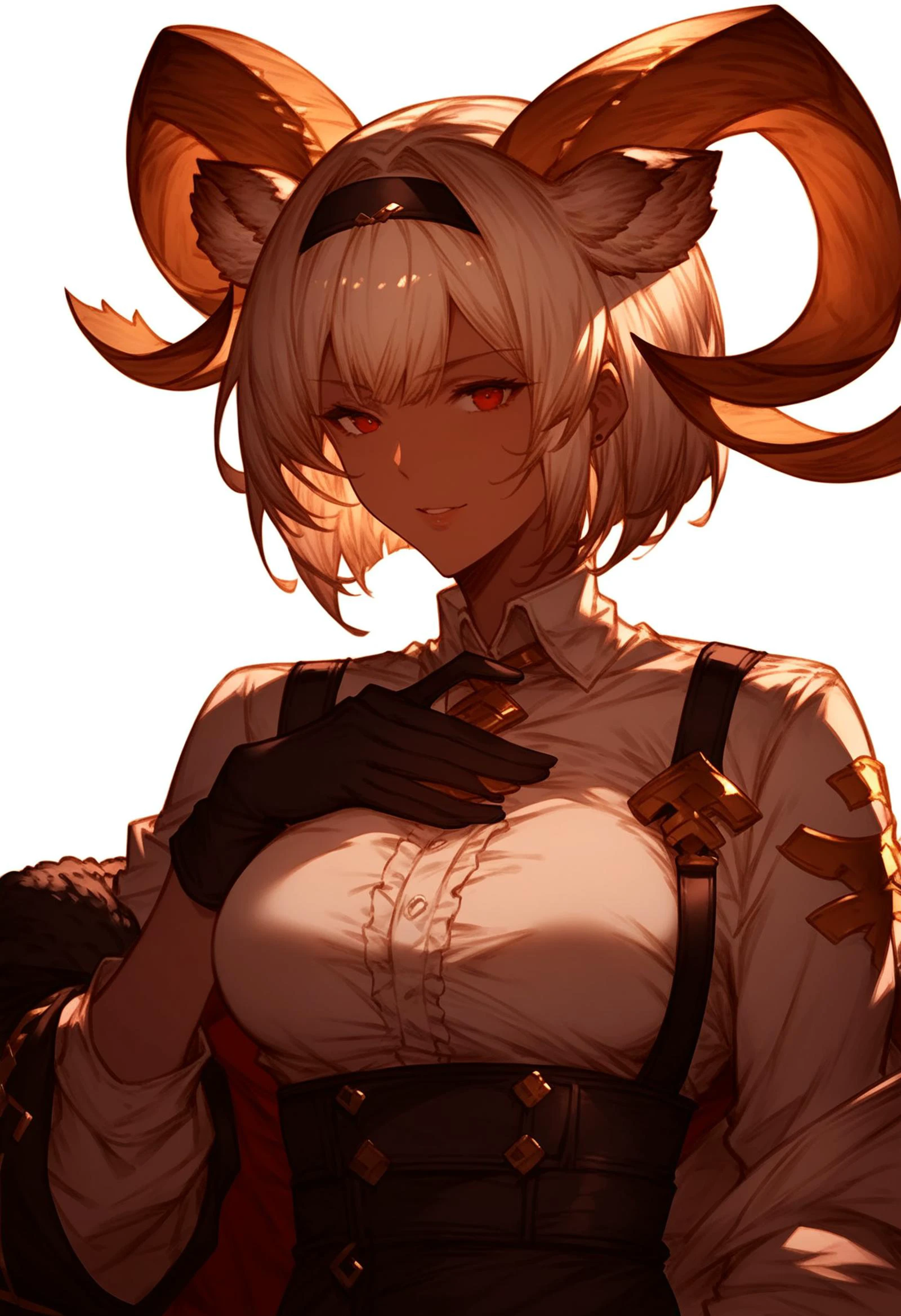 <lora:PONY-ç»-Granblue Fantasy:0.8> ,score_9, score_8_up, score_7_up, score_6_up,granblue_fantasy_style_xl,1girl,solo, <lora:PONY-人-ç²¥all:0.7>,carnelian_\(arknights\), dark-skinned_female, red_eyes, short_hair, goat_horns, goat_ears, white_hair, goat_girl, black_gloves, long_sleeves, large_breasts, official_alternate_costume, white_shirt,, uncensored,<lora:add-detail-xl:1>,<lora:Expressive_H-000001:0.8>
