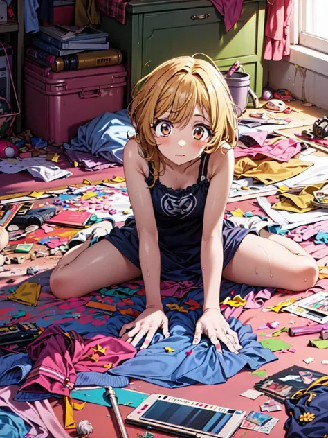 anime girl sitting on the floor surrounded by clothes and a phone