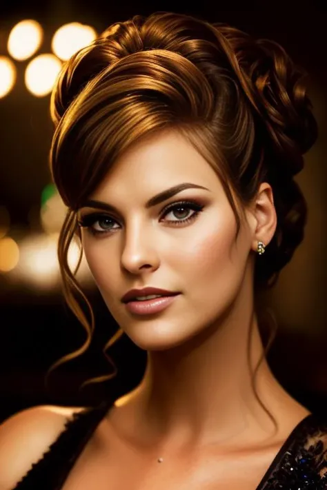 portrait photo of scarlet johansson, beautiful woman hair updo upsweep nightclub sitting at bar (masterpiece) (best quality) (detailed) (8k) (HDR) (wallpaper) (cinematic lighting) (sharp focus) (intricate) 