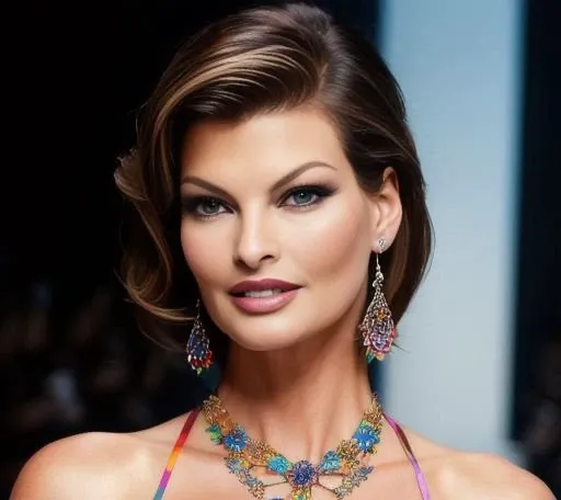 photo of LindaEvangelista a supermodel, modelshoot style, (extremely detailed CG unity 8k wallpaper), Intricate, High Detail, Sharp focus, smiling, photorealistic painting art by midjourney and greg rutkowski , (waist chain), ((fashion show)), ((walking down the runway)), ((paparazzi in the background)), (looking at viewer), (detailed pupils:1.2), (elegant colorful dress:1.3) brightly lit, <lora:LindaEvangelista:0.75>