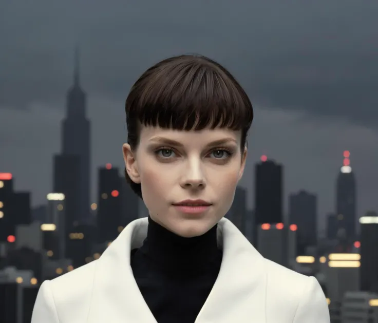 1980s \(style\) photo of beautiful fit, thin, 30 y/o woman, Luv, bob haircut, in Tokyo, in black turtleneck, skyscrapers in distance, evening, grey sky, warm lights, Nikon FM2n, 35mm f/2, 1/125s, ISO 200, Kodak Gold 200