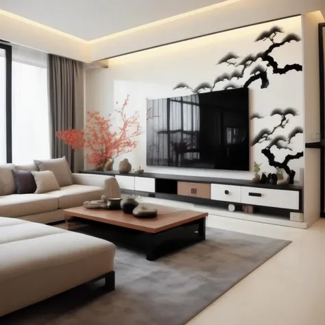 living room in modern flat, new Chinese style<lora:new_Chinese_style_living_room:1>