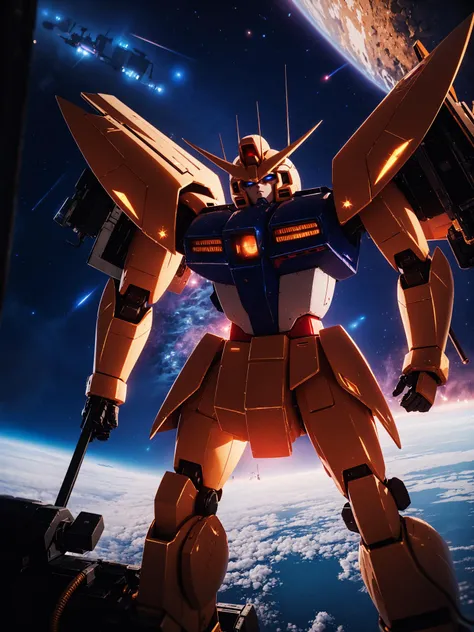 Space-themed <lora:Gundam V1:0.8>,Gundam,mecha,robot,no humans,glowing,science fiction,glowing eyes,, edge quality, perspective silhouette, 8k, best quality, masterpiece, extremely detailed, rule of thirds, photorealistic, superb, HDR, high resolution, sharp focus, photorealistic rendering, extremely detailed description, professional, gorgeous and intricate detail, . Cosmic, celestial, stars, galaxies, nebulas, planets, science fiction, highly detailed