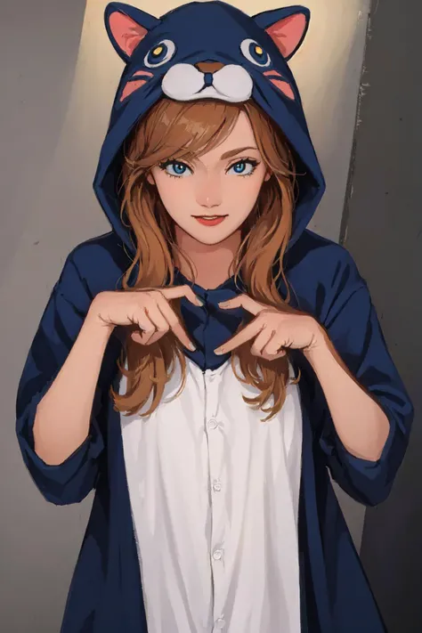 art by tsvbvra, art by MaÅgorzata Kmiec, cowboy shot, heart hands, (woman:1.10), adult, yellow hair, blue eyes, (masterpiece:1.10), (high quality:1.10), (best quality:1.10), (detailed:1.10), hd, perfect lighting, detailed face, detailed body, light smile, lips, <lora:Kigurumi:1>, kigurumi, (black kigurumi:0.85) <lora:SilvermoonMix15:0.75>