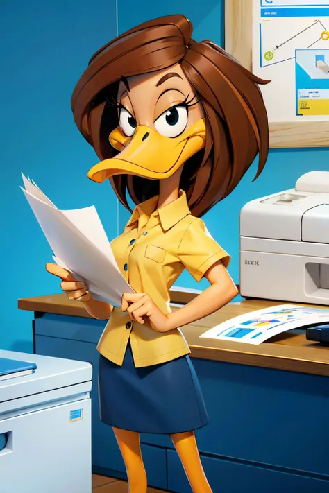 Tina Russo, furry avian, black eyes, beak, bird, eyelashes, yellow skin, brown hair, blue collared shirt, blue skirt, looking at viewer, serious, medium shot, standing, holding papers, inside office, printer, high quality, masterpiece, <lora:TinaRussoV2:.6>