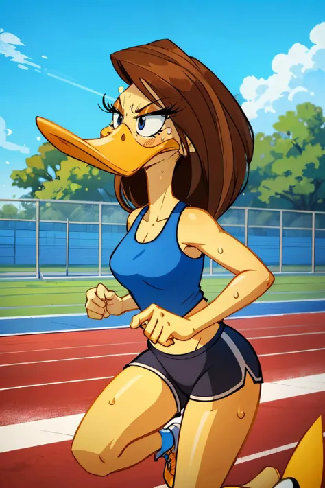 Tina Russo, furry avian, duck, beak, bird, eyelashes, yellow skin, brown hair, blue tank top, black yoga shorts, looking serious, blush, sweat, running, outside, track and field, blue sky, high quality, masterpiece, <lora:TinaRussoV2:.6>