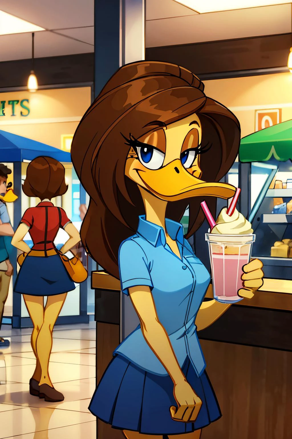 Tina Russo, furry avian, duck, beak, bird, eyelashes, yellow skin, brown hair, blue collared shirt, blue skirt, looking at viewer, smiling, standing, inside mall, food court, holding milkshake, crowd, high quality, masterpiece, <lora:TinaRussoV2:.6>
