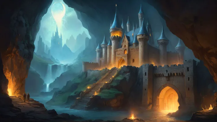 photorealistic detailed digital illustration of a single large castle, 8k, Glowing caverns harboring mysterious luminescent creatures in the background, mtg art:: mysterious, mythical, enchanted, billowing, fantasy art