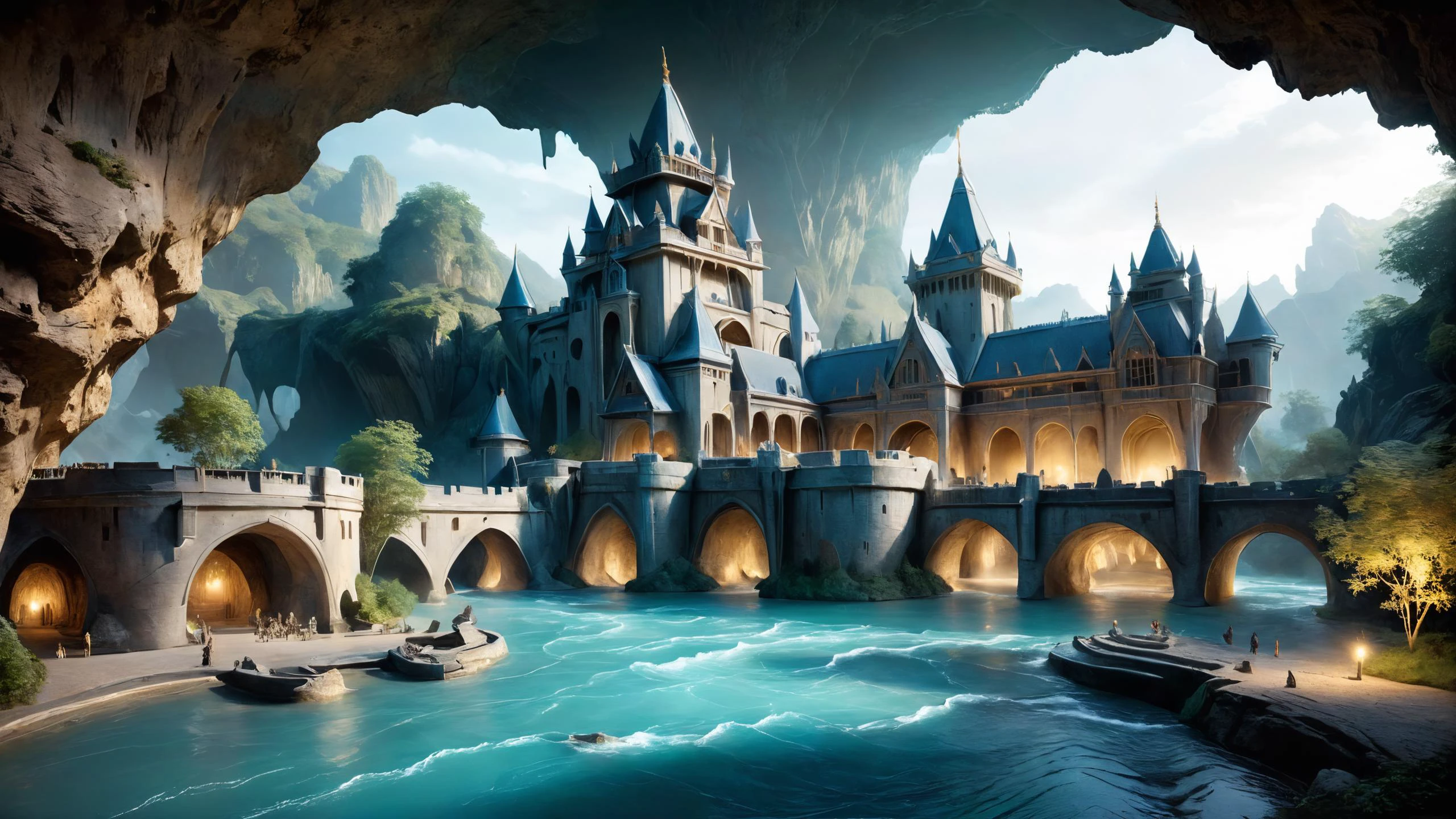 photorealistic detailed digital illustration of a single large castle, 8k, Subterranean rivers flowing through phosphorescent caves in the background, <lora:SDXLFaeTastic2400:0.8>, <lora:YQXL-CrvArchitectureModels:0.7>