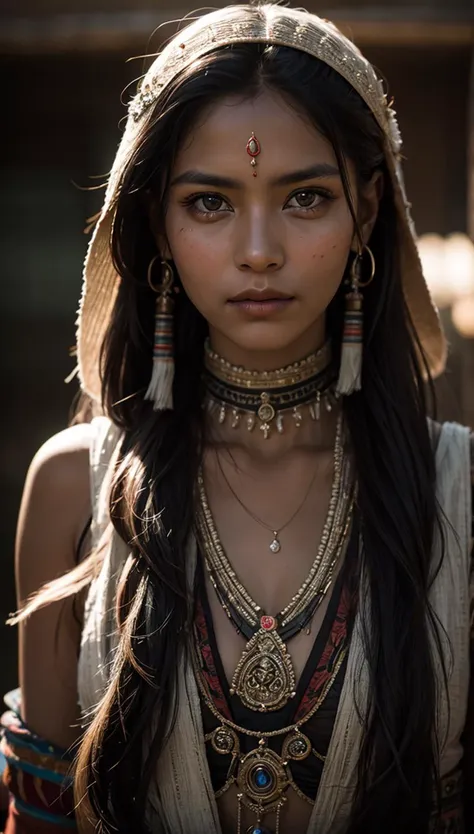 A medium 40mm glamour portrait of a tribal woman, (detailed facial features:0.2), high quality, professional photo, 28mm, (intricate detail), ((incredibly detailed skin:0.38)), Surreal Harmony, cinematic, lighting, 8K, HDR10, analog