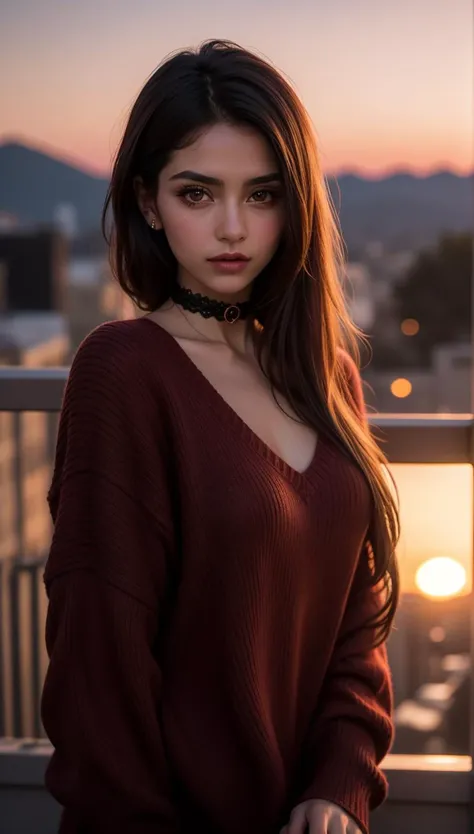 ung cute iranian girl, very slim, skinny, redhead, rouge, red neck lace choker, cateyes makeup, colorful, oversize knit jumper, softcore, warm lighting, cosy atmosphere, Instagram style, red theme, upper body shot,(cinematic, black and red:0.85), (sunset beautiful background:1.3), sharp, dim colors