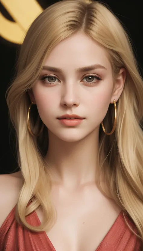 (Female Viking:1.5), Tall, Fit, Oval Face, (Dark Skin:1.1), (Golden Blonde Hair, Brown Eyes, Short Nose, Thin Lips, Sharp Chin, Shoulder-Length Hair:1.5), Thick Hair, Angled Bob, saggy breasts, Clip-on earrings, coral metallic lipstick, one arm behind back, kicker light, strobe,, RAW candid cinema, 16mm, color graded portra 400 film, remarkable color, ultra realistic, textured skin, remarkable detailed pupils, realistic dull skin noise, visible skin detail, skin fuzz, dry skin, shot with cinematic camera, ((photographed by Vogue))