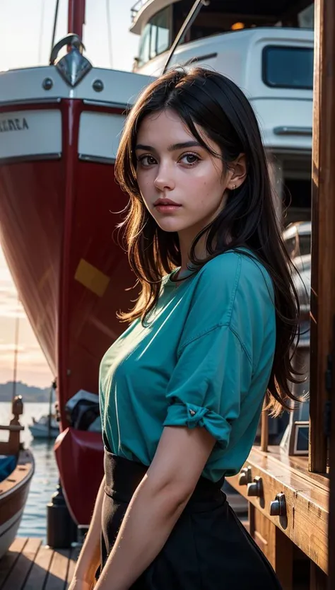 (masterpiece drawning, high quality), (solo:1.1), a digital art of a spanish girl, epic Sunrise, boat port, (soft lighting), Porta 160 color, shot on Leica T, sharp focus on subject, shot by Candida Höfer, Extreme detail, (vibrant color), (random background), depth of field