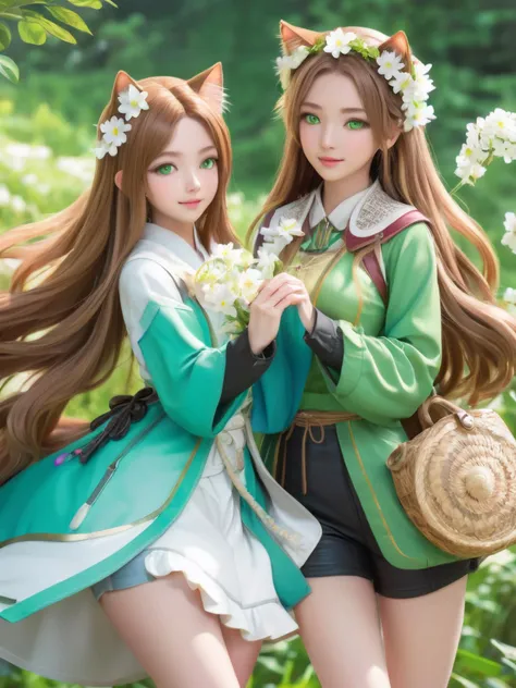 2 KAWAII cat girls. sexy clothes.
beautiful skin. oily skin. ultra detailed. clear eyes. best quality. anime realistic, 8k raw photo.
light brown hair hair, 
Extra Long hair, 
green eye, 
a group of travelers journey to a distant land to find a magical flower said to have healing powers.