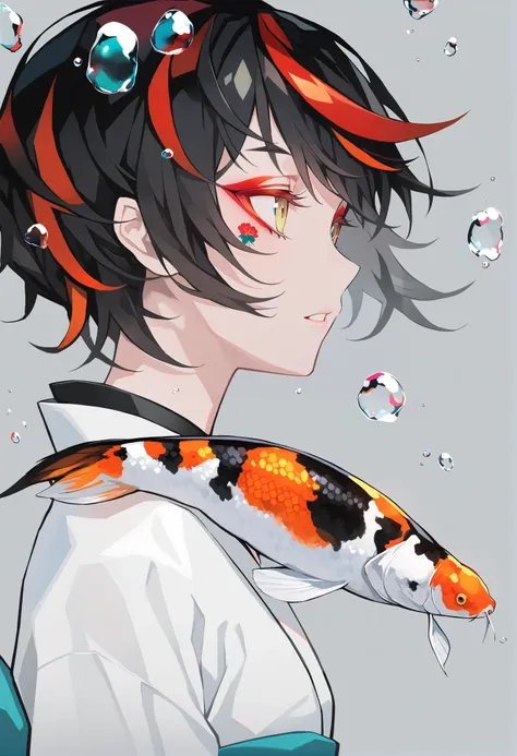 masterpiece, best quality, <lora:LAMXL_V1:1> 1girl, fish, bubble, solo, goldfish, black hair, koi, from side, profile, short hair, yellow eyes, red hair, parted lips, makeup, multicolored hair, air bubble, tattoo, grey background, eyeshadow, streaked hair, simple background, japanese clothes, flower, upper body, animal, bangs, kimono