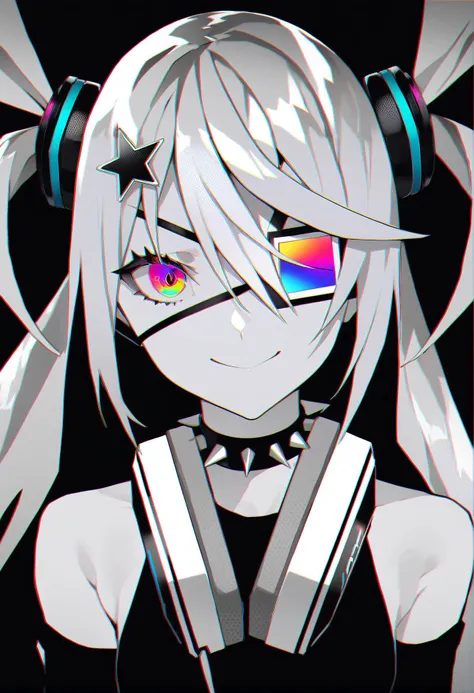 masterpiece, best quality, <lora:LAMXL_V1:1> 1girl, twintails, spikes, solo, eyepatch, headphones, chromatic aberration, power symbol, smile, hair ornament, spiked collar, long hair, glowing, monochrome, headphones around neck, closed mouth, black background, collar, looking at viewer, simple background, hairclip, bare shoulders, hatsune miku, spot color, purple eyes, hair between eyes, choker, greyscale, portrait