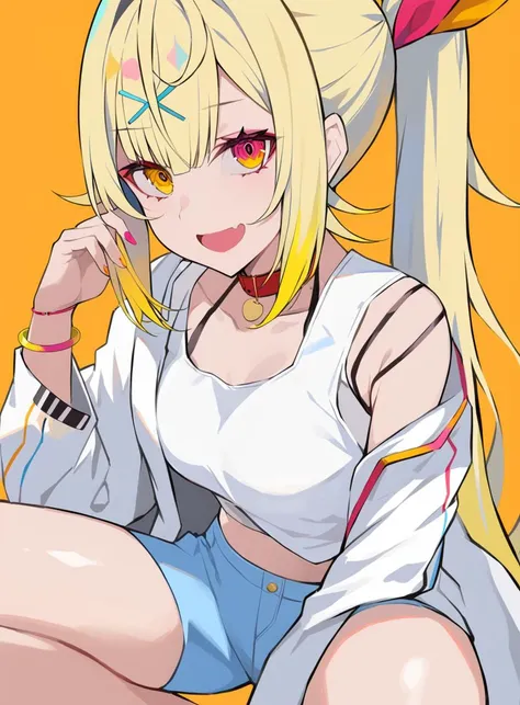 masterpiece, best quality, <lora:LAMXL_V1:1> 1girl, virtual youtuber,(hoshikawa sara:1.2), solo, hair ornament,yellow hair,ponytail,white tanktop, simple background, looking at viewer,white jacket, nail polish, collar, long hair, open mouth, red collar, hair between eyes, bangs, orange background, wristband, smile,different eyes colors,yellow eyes,red eyes,blue shorts, jewelry, bracelet, open jacket, feet out of frame, buttons, hairclip, open clothes, collarbone, long sleeves