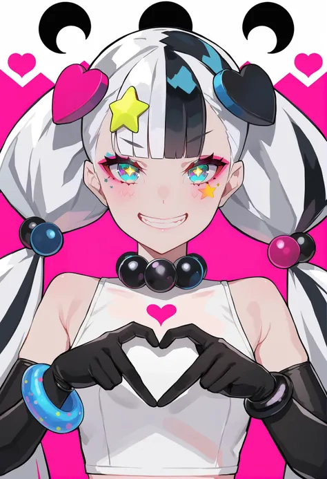 masterpiece, best quality, <lora:LAMXL_V1:1> 1girl, solo, heart, heart hands, smile, black gloves, hair ornament, gloves, grin, low twintails, twintails, white hair, long hair, bare shoulders, multicolored hair, bangs, blue eyes, facial mark, looking at viewer, upper body, black hair, crop top, heart hair ornament, jewelry, sleeveless, single glove, pink background, symbol-shaped pupils, white shirt, shirt, very long hair, bracelet, elbow gloves, sleeveless shirt, two-tone hair, blunt bangs, star \(symbol\), teeth