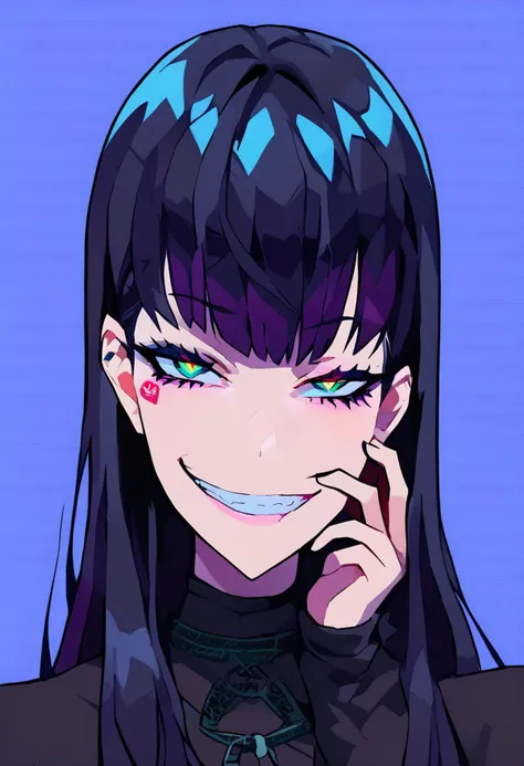 score_9, score_8_up, score_7_up, source_anime, draw an image of a sexy goth girl with pitch black hair looking at you with a smug expression as if giggling at you for liking her, solo, 1girl, gesugao, smug, cowboy shot, looking at viewer, facing viewer