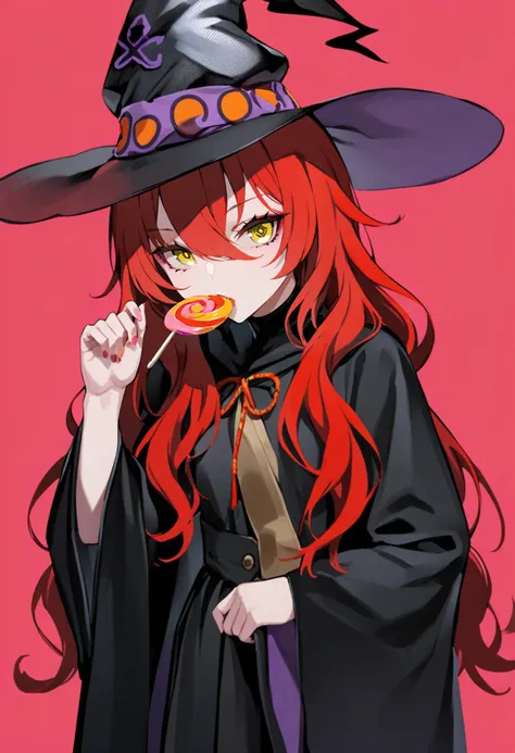 masterpiece, best quality, <lora:LAMXL_ANI31_lokr_V42310:0.95> 1girl, food, witch hat, solo, hat, red hair, candy, lollipop, long hair, holding food, holding, looking at viewer, witch, black headwear, holding candy, upper body, yellow eyes, hair between eyes, long sleeves, simple background, holding lollipop, pink background, swirl lollipop, robe, red background, wide sleeves, bangs, black robe