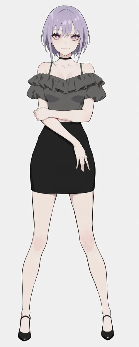 masterpiece, best quality, absurdres, very authentic, 1girl, solo, yuutenjinyamu, :3, smile, closed mouth, off-shoulder shirt, frills, looking at viewer, black choker, narrow waist, black pencil skirt, standing, contrapposto, legs apart, tall female, bare legs, white background, simple simple background, black pumps, full body, aged up, detailed pupils, dynamic pose, <lora:flat_sdxl:0.8>, <lyco:LAMXLANI31lokrV42310:1>, <lora:YTJNM-anxl31:0.5>,
