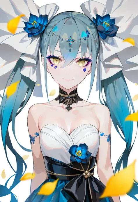 masterpiece, best quality, <lora:LAMXL_ANI31_lokr_V42310:0.95> 1girl, solo, yellow eyes, looking at viewer, bare shoulders, long hair, petals, hair ornament, collarbone, makeup, blue hair, facial mark, closed mouth, multicolored hair, upper body, white background, choker, hair between eyes, aqua hair, smile, eyeshadow, twintails, flower, dress, blurry