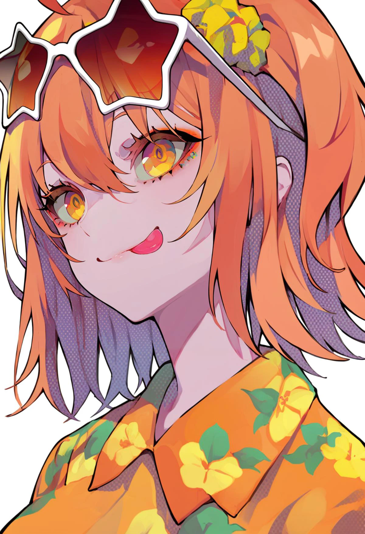 score_9, score_8_up, score_7_up, score_6_up, <lora:LAMXL_P6_lokr_V4236:0.95> 1girl, fujimaru ritsuka \(female\), tongue, tongue out, solo, orange hair, eyewear on head, sunglasses, scrunchie, ahoge, orange eyes, white background, hair ornament, official alternate costume, hair scrunchie, one side up, star-shaped eyewear, simple background, hair between eyes, yellow scrunchie, shirt, portrait, short hair, smile, tinted eyewear, hawaiian shirt, yellow eyes, orange shirt, side ponytail, :q, medium hair