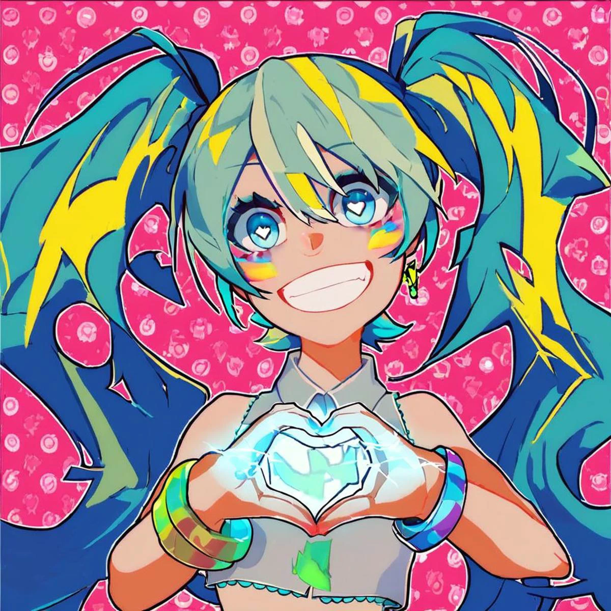 score_9, score_8_up, score_7_up, score_6_up, <lora:LAMXL_Js2_lokr_V4302:0.95> 1girl, heart, solo, smile, hair like hatsune miku, cyan hair, heart hands, twintails, long hair, cyan hair, jewelry, multicolored hair 
 rainbow, looking at viewer, crop top, blue eyes, grin, upper body, hatsune miku outfit, earrings rainbow hearts, hatsune miku top, rainbow background, sleeveless, bracelet, sleeveless shirt, happy pride month banner, bare shoulders, teeth, high twintails, symbol-shaped pupils, multicolored eyes, lightning bolt symbol, streaked hair, electricity, rainbow pride stripes on cheeks