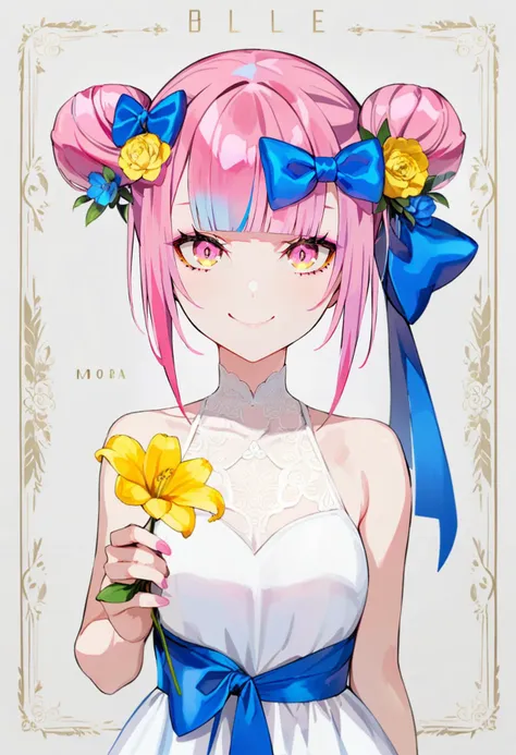 masterpiece, best quality, <lora:LAMXL_ANI31_lokr_V42310:0.95> 1girl, flower, holding, double bun, solo, dress, hair bun, hair flower, smile, white dress, pink hair, hair ornament, bow, looking at viewer, holding flower, hair bow, bangs, yellow flower, sleeveless, blue bow, bare shoulders, multicolored hair, sleeveless dress, blunt bangs, virtual youtuber, straight-on, blue flower, pink eyes, white background, upper body, character name