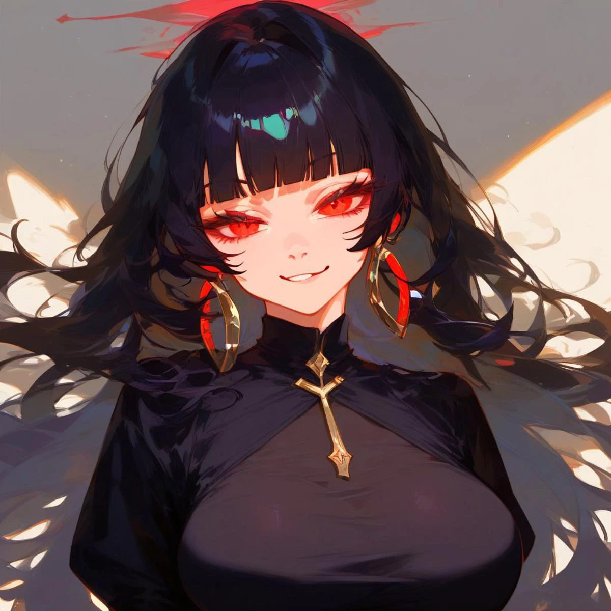 score_9,score_8_up,score_7_up,score_6_up <lora:nyantcha_style_xl_pd_goofy:1> nyantcha style, masterpiece,
1girl, black hair, hime cut, blunt bangs, straight hair, red eyes, long eyelashes, hoop earrings, makeup, large breast, sexy, smug face, black dress, wide hips, complete body